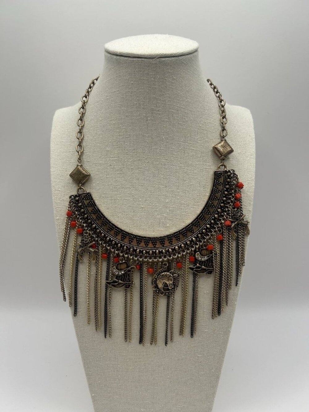 Boho Western Statement Necklace Horse Horseshoe Cowboy Hat Fringe Chains